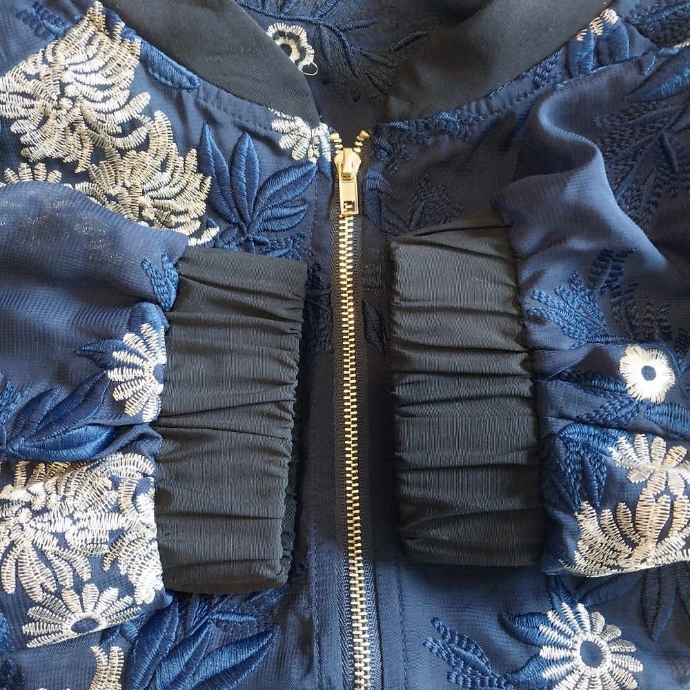 PPLA Starlit Woven Bomber Size Medium Mesh Navy Blue Embellished Zip Jacket - Picture 11 of 12